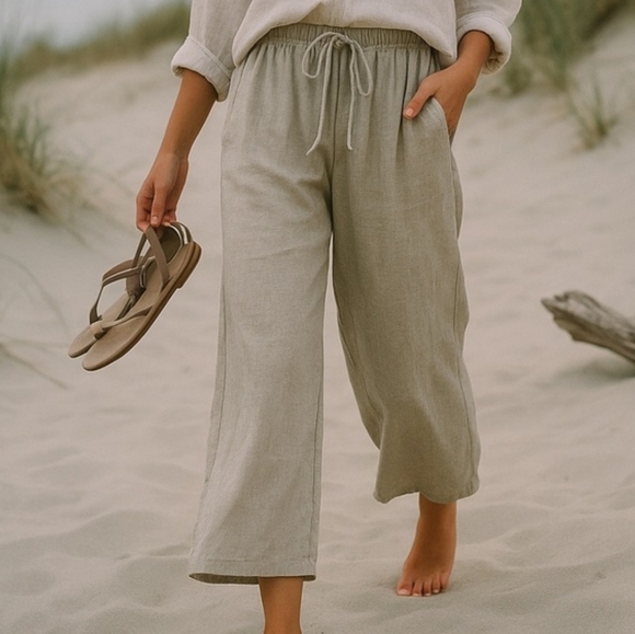Youga Wide Leg Ankle Pants Cream Beach Casual Classic Boho Linen Cotton XL New - Picture 2 of 16